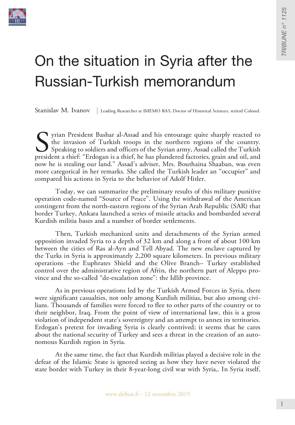 On the situation in Syria after the Russian-Turkish memorandum (T 1125)
